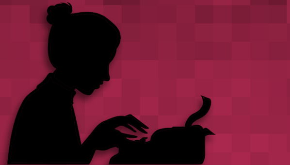 Silueta en negro del perfil de una mujer con moño escribiendo a máquina.