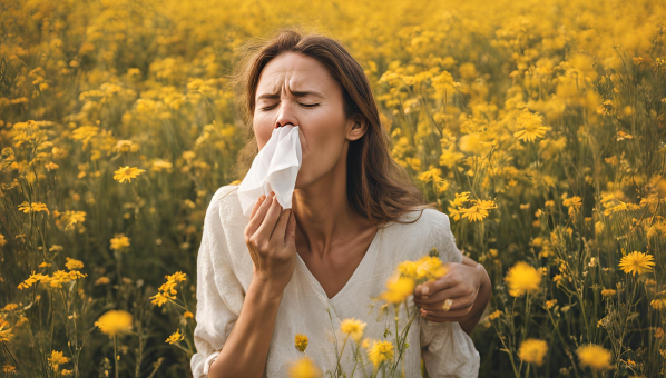Mujer en el campo con síntomas de alergia