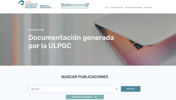 Vista de la página de inicio de SUdocument@. Documentación generada por la ULPGC. Muestra un buscador "Buscar publicaciones" y un ordenador portátil de fondo."