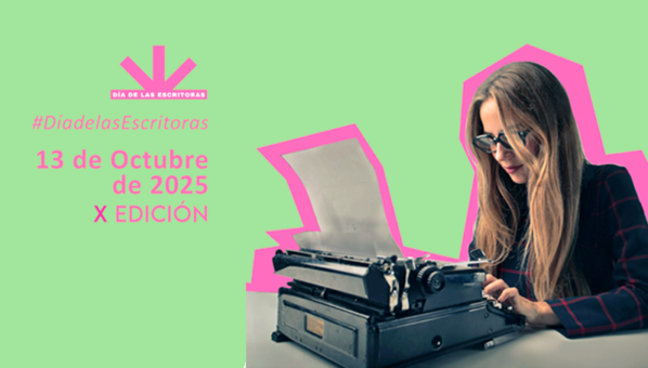 Cartel del Día de las Escritoras de fondo verde con la imagen de una mujer escribiendo en una máquina de escribir