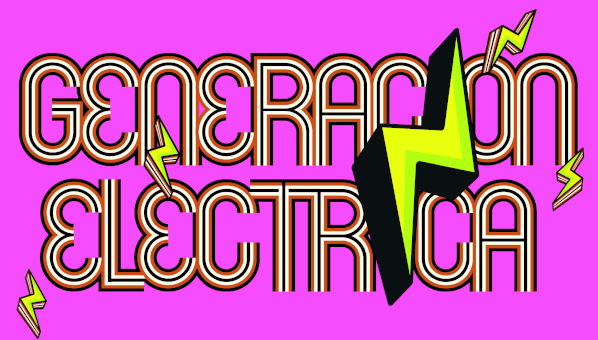 Cartel con fondo fucsia y letras en amarillo con un rayo