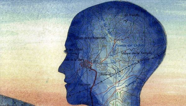 Cabeza de persona en color azul con mapa sobre su piel