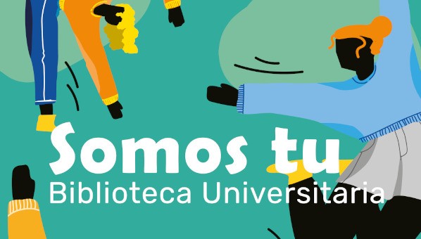 Dibujo de tres personas en movimiento con texto "Somos tu Biblioteca Universitaria"