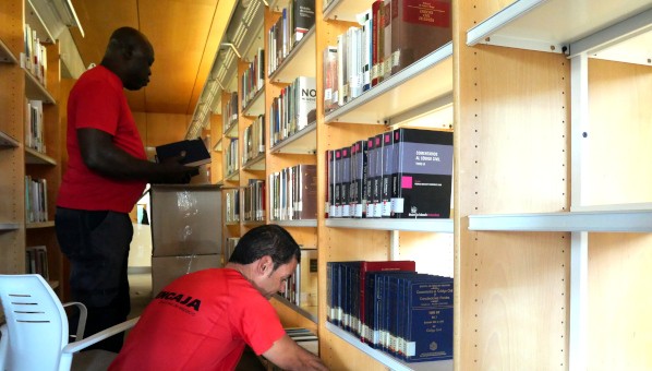 Dos operarios colocan libros en un estante en una biblioteca