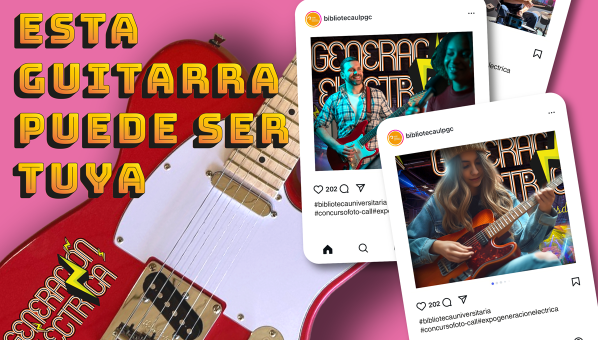 Guitarra eléctrica. Superpuestas: instantáneas de Instagram con fotografías de personas tocando una guitarra eléctrica y el texto "Esta guitarra puede ser tuya""