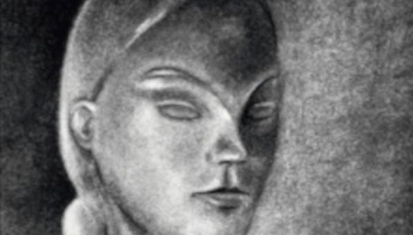 Dibujo en blanco y negro de escultura del busto de una mujer