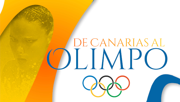 Cartel "De Canarias al Olimpo" con aros olímpicos y fotografía de nadadora