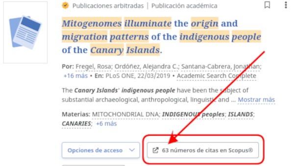 Registro bibliográfico en Faro de un artículo en el que se señala la ubicación del botón "63 números de citas en Scopus""