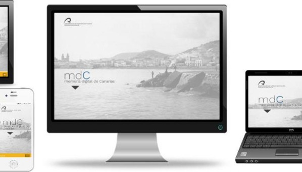 Vista de la portada de Memoria digital de Canarias en distintos dispositivos: tableta, ordenador portátil