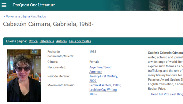 Página de autora en el portal ProQuest One Literature dedicado a Gabriela Cabezón Cámara