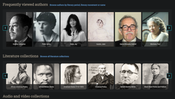 Visión parcial de la portada de ProQuest One Literature, con dos carruseles con retratos de autoras y autores literarios