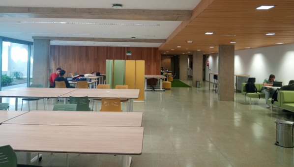 Estudiantes en sala de biblioteca con mobiliario diverso y patio