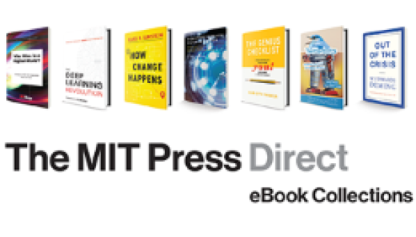 Vista de cubiertas de 7 libros y el texto "The MIT Press Direct eBook Collections"