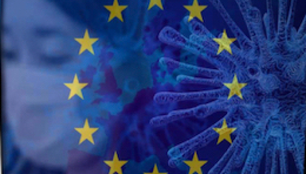 Bandera de la Unión Europea sobreimpresa sobre imagen de persona con mascarilla y una recreación de un virus