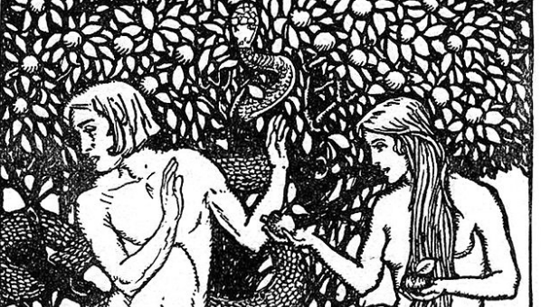Grabado de Adán y Eva frente al Árbol del conocimiento del bien y del mal