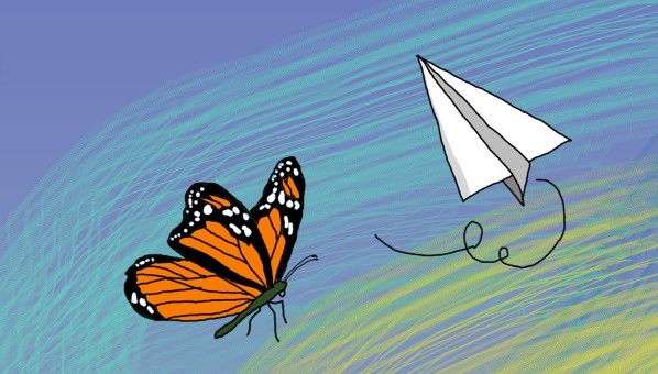 Sección del cartel anunciador, con una mariposa y un avión de papel, volando