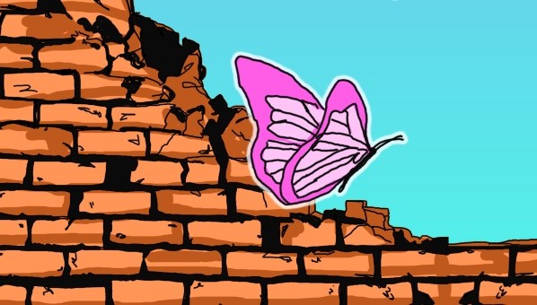 Vista de detalle del cartel de convocatoria con una mariposa traspasando un muro por una brecha