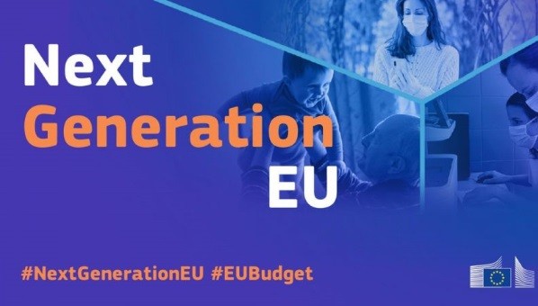 Cartel con texto Next Generation EU #NextGeneratioEU #EUBudget, logotipo de la Comisión Europea, sobre un fondo azul con imágenes de personas en distintas actividades cotidianas