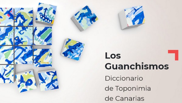 Detalle de la portada de Los Guanchismos, con unos bloques que conforman un puzzle con una pintura abstracta con varias personas