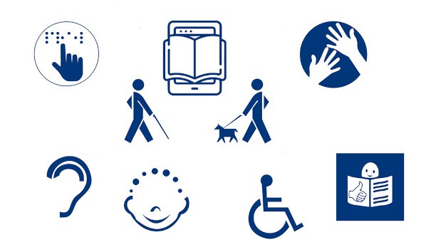 Iconos del cartel del Foro: mano leyendo Braille, libro electrónico, persona caminando con bastón, persona caminando con perro guía, oreja, cara sin ojos, persona en silla de ruedas, persona lectora, manos.