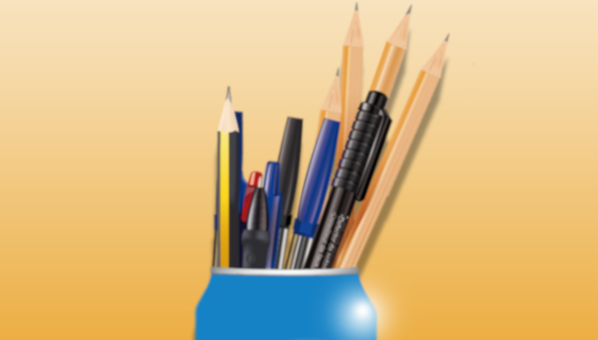 Dibujo gráfico por ordendador de lápices y bolígrafos asoman de la parte alta de un lapicero formado a partir de una lata de refresco metálica