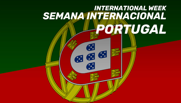 Sección de la bandera con escudo de portugal y texto International week - Semana Internacional - Portugal