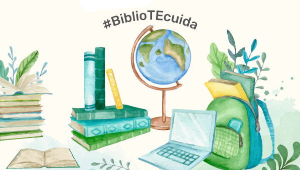 Libros, mochila, ordenador portátil y mapamundi. Etiqueta #BiblioTEcuida