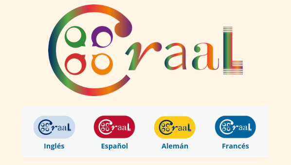 Vista del logotipo del CraaL y de 4 versiones del mismo con variaciones de color según el idioma inglés, español, alemán y francés