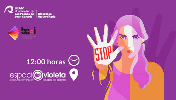 Cartel violeta con mujer con un stop en la mano