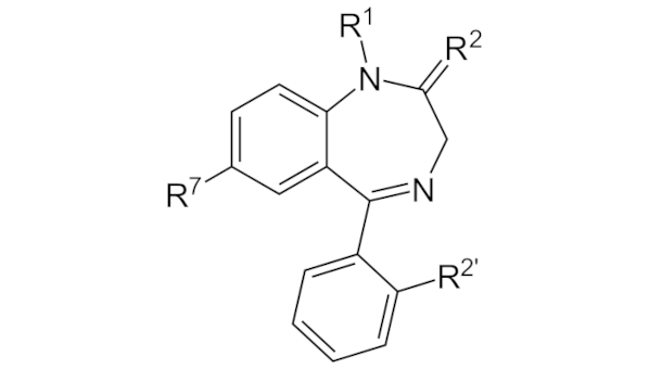 Estructura química de la Benzodiazepina: 5-fenil-1H-benzo[e][1,4]diazepin-2(3H)-ona