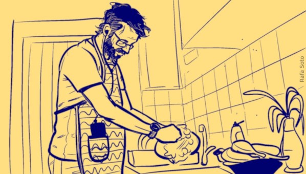 Dibujo de Rafa Soto de guión gráfico para un cortometraje: Un hombre de mediana edad con delantal friega la loza en una cocina mientras escucha música con cascos.