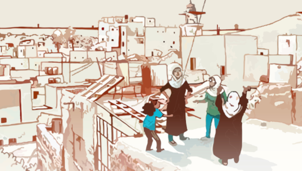 Dos mujeres, una adolescente y una niña vuelan una cometa con la bandera palestina en la azotea de una ciudad.
