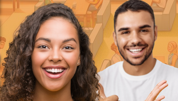 Imagen frontal de una joven y un joven sonriendo