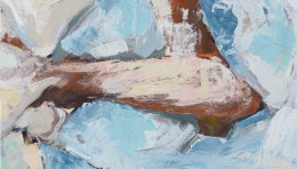 Sección del cartel de la exposición, con una pintura de una brega de lucha canaria