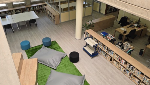 Vista de sala de biblioteca desde piso superior, con mobiliario moderno y zona central de césped con pufs, cojines y grada