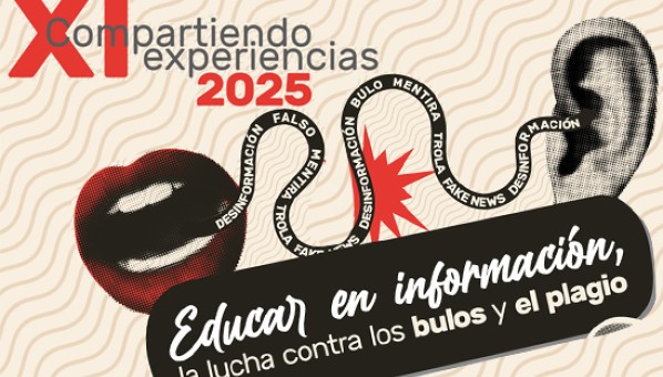 Cartel con texto Educar en información, la lucha contra los bulos y el plagio, sobre dibujo de una boca y una oreja unidas por una cinta con palabras: desinformación, falso, mentira, trola, "fake news".