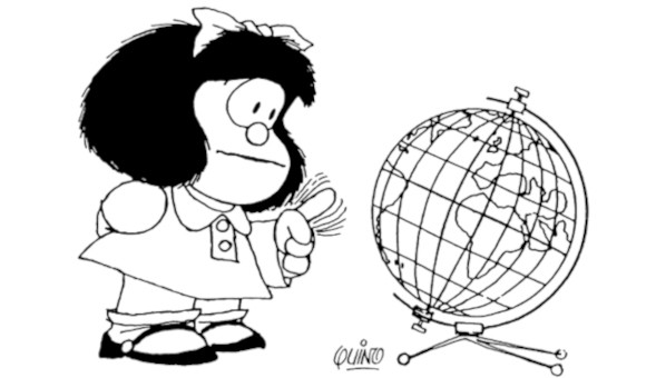 Dibujo firmado por Quino de una niña escolar (Mafalda) con gesto de advertir a un globo terráqueo.