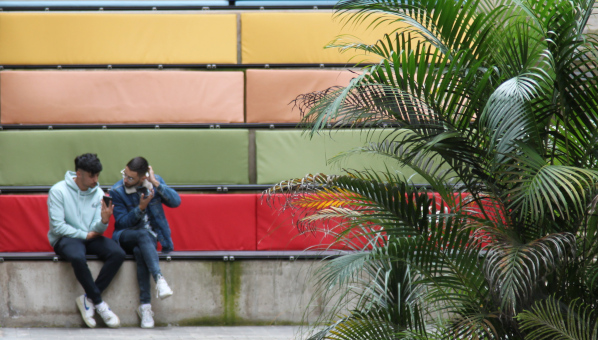 Dos jóvenes sentados en un graderío de hormigón con colchonetas de colores junto a un parterre con palmeras