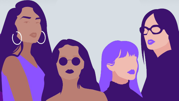 4 mujeres dibujadas con tonos violetas miran de frente
