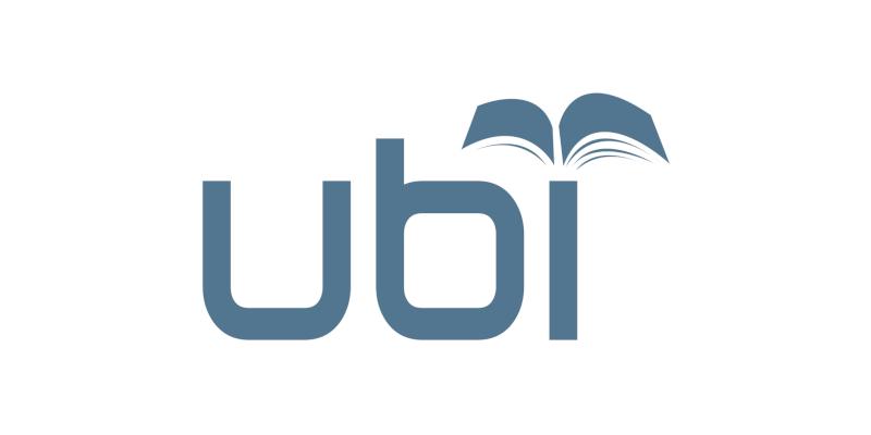 UBI Logotipo compuesto por las letras minúsculas ubi, donde el punto de la i es un libro abierto, visto desde la base, formado la figura de un ave en vuelo
