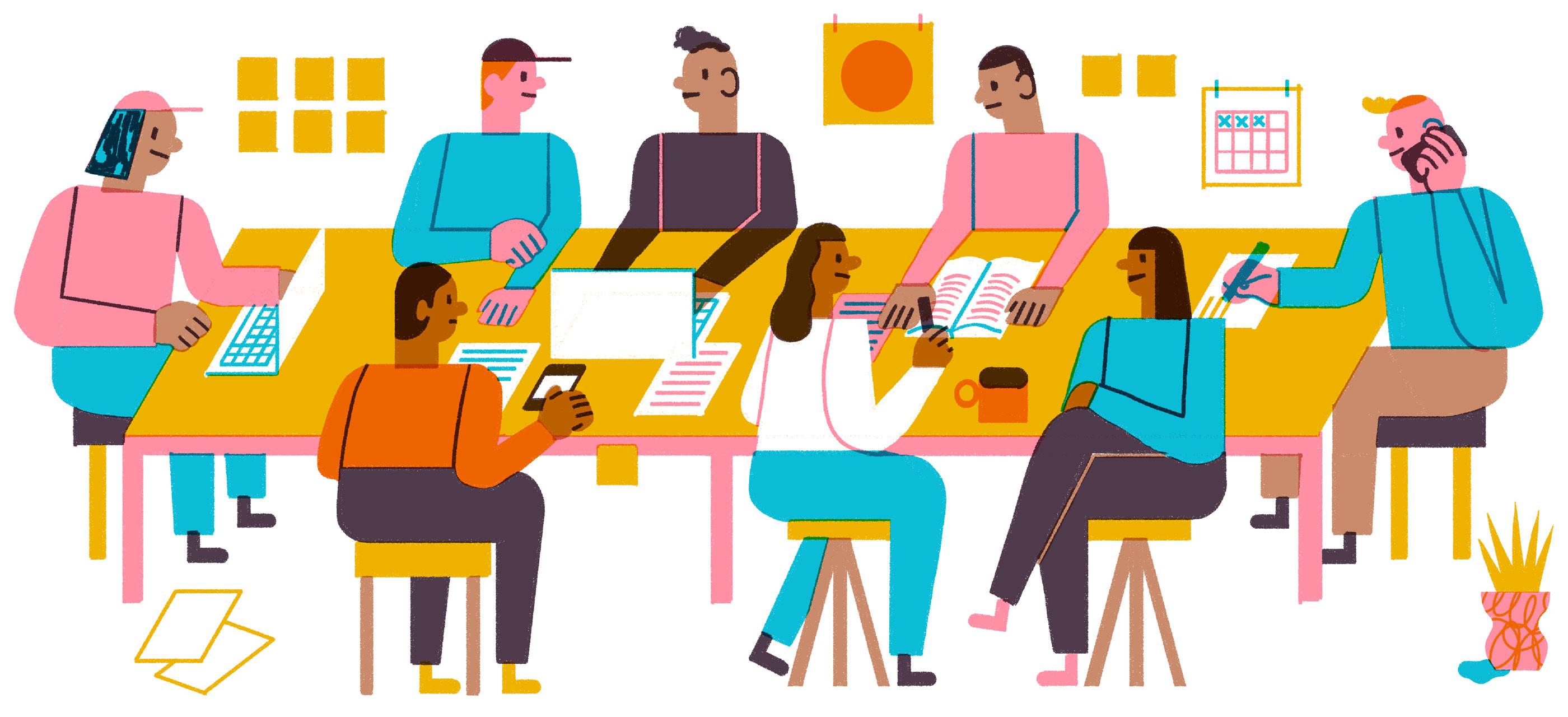 Dibujo por ordenador muy colorido que muestra 8 personas trabajando en una reunión de planificación, sentadas en torno a una mesa con varios ordenadores portátiles, dispositivos móviles, documentos, etc. Investigaión y planificación. Fuente: https://toolkit.video4change.org/research-and-planning/