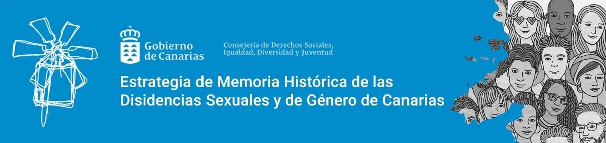 Dibujo de numerosas y variadas personas con texto Memoria Histórica de las Disidencias Sexuales y de Género de Canarias y logo del Gobierno de Canarias
