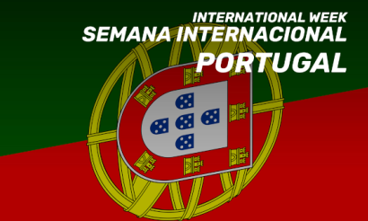 Sección de la bandera con escudo de portugal y texto International week - Semana Internacional - Portugal